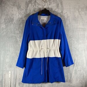 St. John Women's Rain Jacket L Nylon Drawstring Zip Up‎ Blue White Coat Nautical